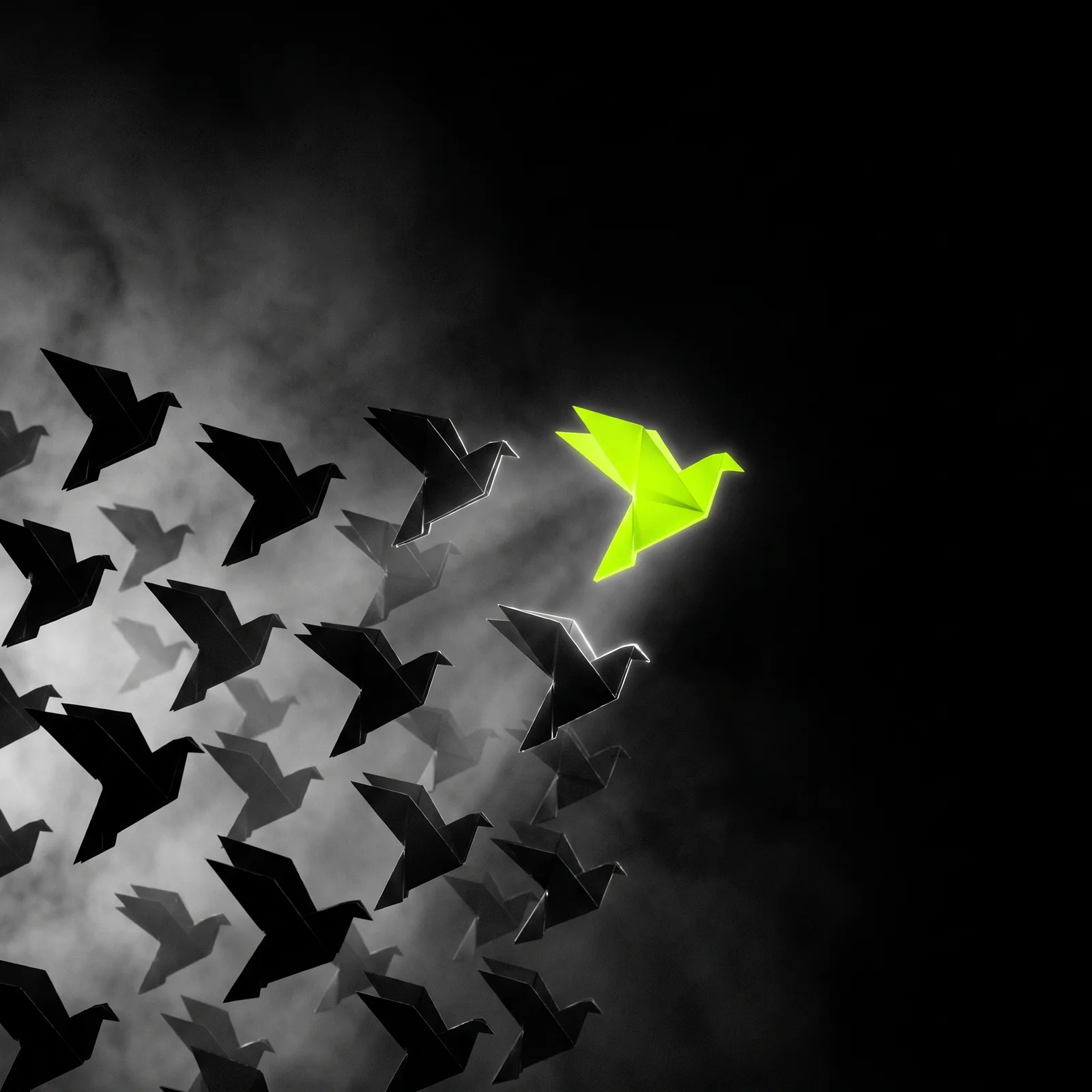 A flock of black origami birds with one glowing green bird leading