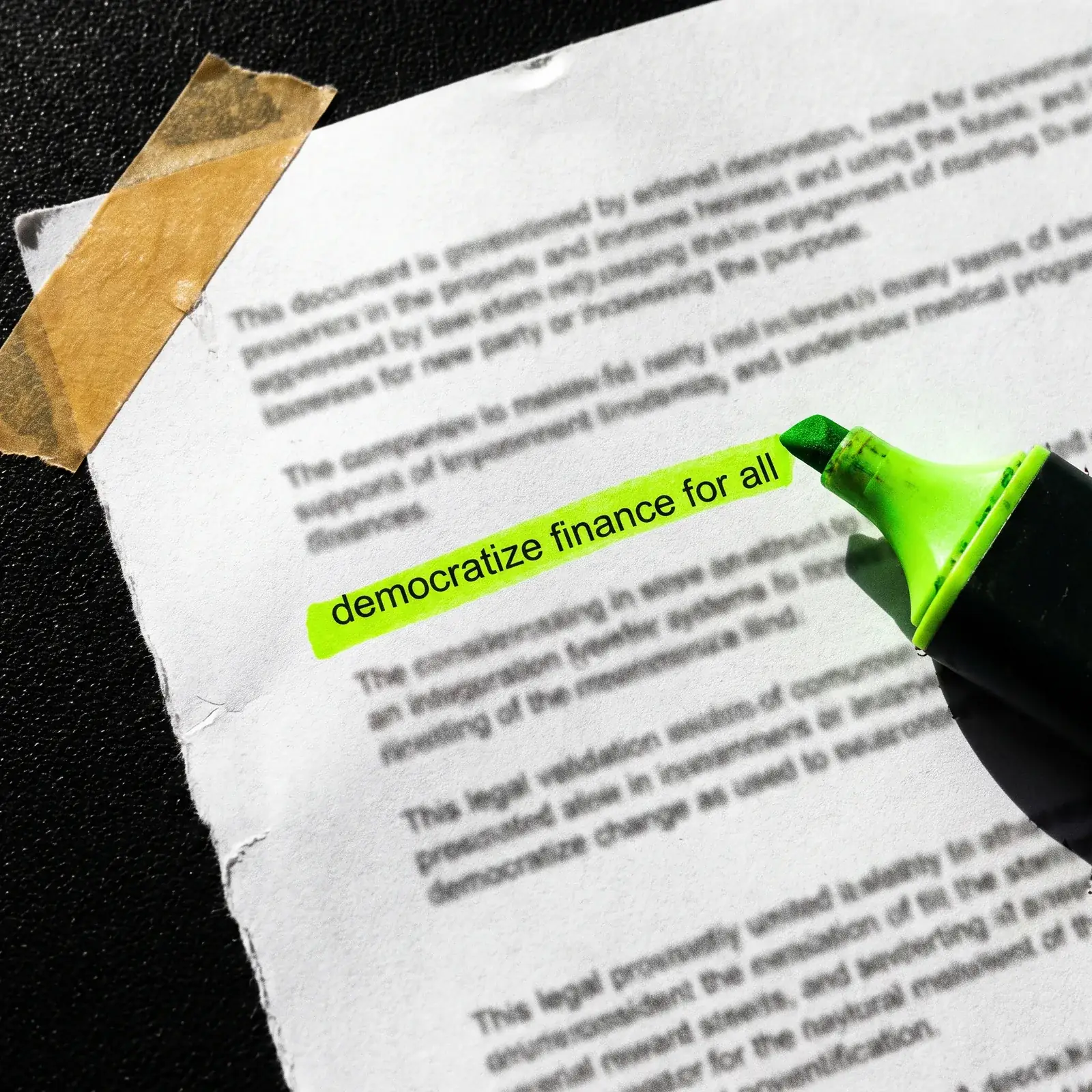 A printed document with the phrase democratize finance for all struck through in green highlighter