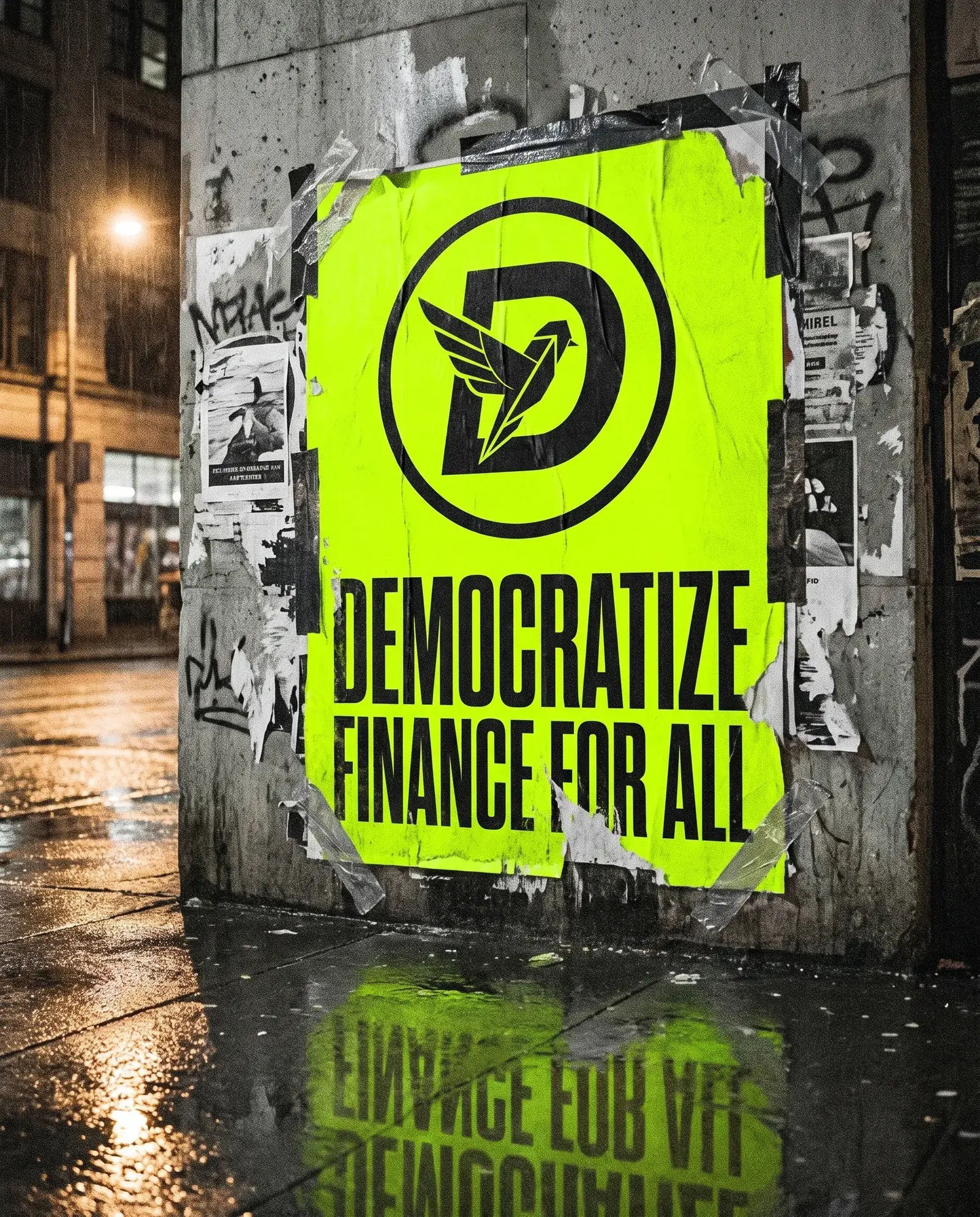 The mark wheatpasted as a street poster on a wet city wall at night