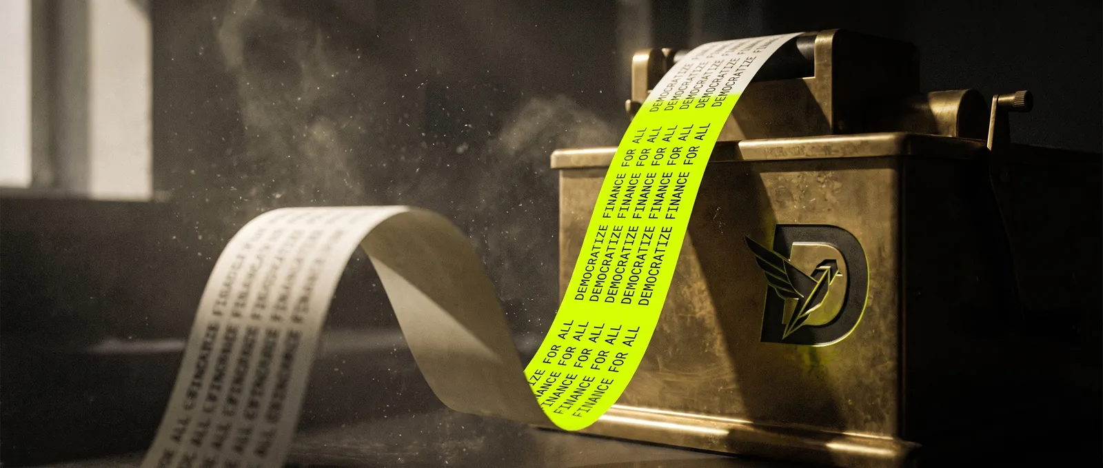 A ticker machine printing the phrase along a paper tape